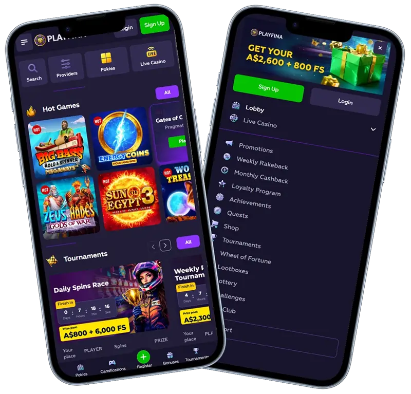 Playfina Casino mobile interface showing game lobby on a smartphone