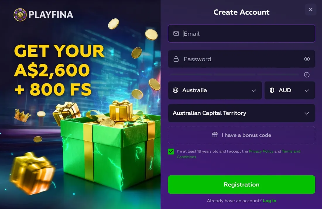 Playfina Casino Sign-Up Interface